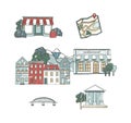 City places set with buildings in flat design. Cafe restaurant, music theater, house, Cathedral, barn, museum, mill, station,