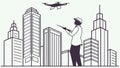 City Planner with Drone Over Urban Skyline, Future Tech Vector Design Generative AI Royalty Free Stock Photo