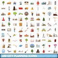 100 city planning icons set, cartoon style