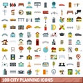 100 city planning icons set, flat style