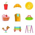 City playground icons set, cartoon style