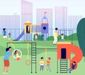 City playground. Kindergarten park, summertime baby with mother outdoor activity. Toddler mom recreation, family leisure