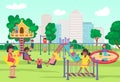 City playground in summer park, play time for children, joyful fun and games outdoors, design cartoon style vector