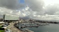 City Ponta Delgada, harbor with sailing boats, blue ocean and sky