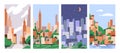 City posters set. Urban buildings in downtown, houses at sea. Metropolis and seaside architecture, modern highrise