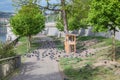 City Prague, Czech Republic. At the edge of the river, a bird feeder, pigeons. Travel photo 2019. 26. April
