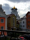 The city of Pskov, Russia. View of the Holy Trinity Cathedral and courtyards