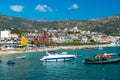 City public beach. Beautiful clean sand and pebble beach. Sunny blue seaside landscape. Himare, Albania