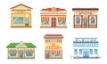 City Public Buildings Facades Set, Market, Pizza, Cafe, Bakery, Vector Illustration