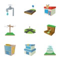 City public buildings icons set, cartoon style