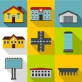 City public buildings icons set, flat style