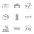 City public buildings icons set, outline style