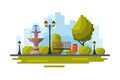 City Public Park with Marble Fountain, Streetlights, Wooden Bench Flat Style Vector Illustration on White Background Royalty Free Stock Photo