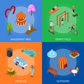 City Public Park or Square Banner Card Set 3d Isometric View. Vector Royalty Free Stock Photo