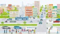 City with public transport, pedestrians and road traffic, illustration