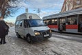 City public transport stop - trams and fixed-route taxis. Winter. November 24, 2021, Russia, Magnitogorsk