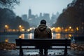 City rain contemplation person on a bench absorbs the wet ambiance