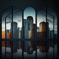 City reflection in the window. Cityscape at sunset. Vector illustration.