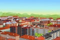 City with residential houses, hills and morning sky. Colorful evening panoramic downtown view. Royalty Free Stock Photo