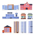 City residential, non-residential buildings, vector icons set. Municipal real estate object isolated on white background