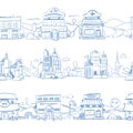 City retail buildings, store, supermarket and restaurant in hand drawn line doodle style