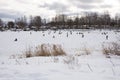 City Riga, Latvia. Frozen river and anglers fishing fish