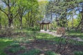 City Riga, Latvia Republic. City park with china gazebo. Trees and nature. May 7. 2019 Travel photo