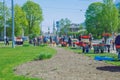 City Riga, Latvia republic. Victory park, May 9, celebration 74 year after world war 2. People sale flowers on the street. Travel