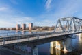 City, Riga, Latvia. River with train bridge with iron construction. Royalty Free Stock Photo