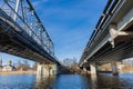 City, Riga, Latvia. River with train bridge with iron construction. Royalty Free Stock Photo