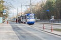 City Riga, Latvia. The tram receives passengers