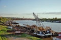 City river with old cargo ships