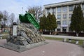 A concrete copy of the Soviet light tank BT-5 on a monument in honor of the commander M.M. Bogomolov. The city of Rivne