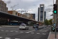 City. Road in Plaza Castilla full of vehicles, cars, motorcycles, buses and public transport, in Madrid Royalty Free Stock Photo