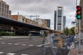 City. Road in Plaza Castilla full of vehicles, cars, motorcycles, buses and public transport, in Madrid Royalty Free Stock Photo