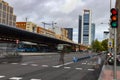 City. Road in Plaza Castilla full of vehicles, cars, motorcycles, buses and public transport, in Madrid Royalty Free Stock Photo