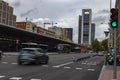 City. Road in Plaza Castilla full of vehicles, cars, motorcycles, buses and public transport, in Madrid Royalty Free Stock Photo