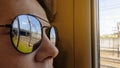 City road reflecting in tourist sunglasses, train voyage, vacation adventure