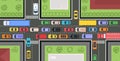 City road top view with cars traffic and buildings. Street with transport jam, urban highway map with vehicles. City Royalty Free Stock Photo