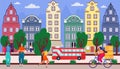 City road, town street with house, vector illustration. Flat man woman character walk near urban building design, modern