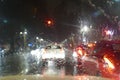 Road traffic in rainy night tunnel with cars and lights blur effect Royalty Free Stock Photo