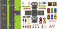 City roads and traffic top view with road signs, transport and racing game elements. Road constructor in flat style. Vector Royalty Free Stock Photo