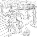 City roadway with car , children with school backpacks crossing the street, illustration for coloring Royalty Free Stock Photo