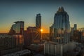 City rooftops and downtown skyline with the landmark Frost Bank Tower from The Westin hotel at sunset Austin, Texas USA Royalty Free Stock Photo