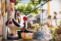 City rooster, cups, bowls and various souvenir items on Obidos, Portugal