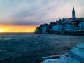 The city of Rovinj, Croatia Adrian sea in sunset, with the town clearly visible