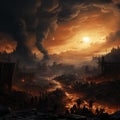 a city in ruins, fire in the night, the great fire of Alexandria, smoke in the sky Royalty Free Stock Photo