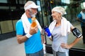 City running couple jogging outside. Senior couple runners training outdoors Royalty Free Stock Photo