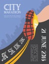 City running marathon. athlete runner feet running on road closeup on shoe in skyscraper city landscape background