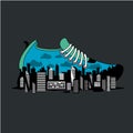 City running marathon poster with shoe. Sneaker for jogging with city inside. Sport poster with vector illustration.